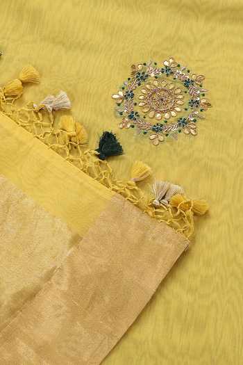 Weaver Story_Yellow Pure Chanderi Silk Zardozi Dupatta _at_Aza_Fashions