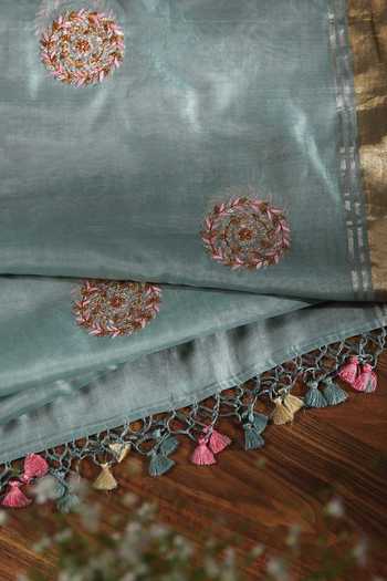 Weaver Story_Blue Pure Chanderi Silk Zardozi Hand Embroidered Dupatta _Online_at_Aza_Fashions