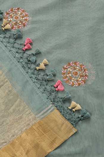 Weaver Story_Blue Pure Chanderi Silk Zardozi Hand Embroidered Dupatta _at_Aza_Fashions