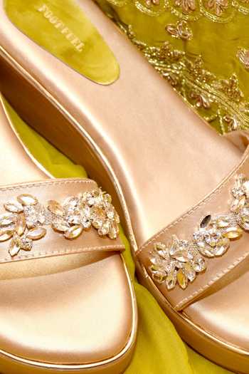 Foot Fuel_Gold Crystals, Diamonds Chahat Stone Embellished Platform Wedges _Online_at_Aza_Fashions