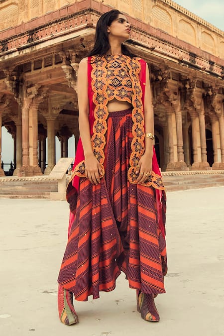 Swati Vijaivargie_Maroon Chanderi , Organza Open Asymmetric Cape And Draped Pant Set _Online_at_Aza_Fashions