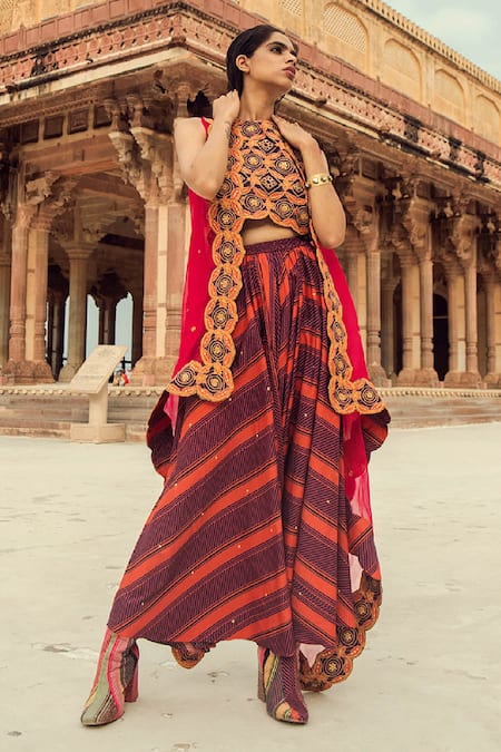 Buy_Swati Vijaivargie_Maroon Chanderi , Organza Open Asymmetric Cape And Draped Pant Set _Online_at_Aza_Fashions
