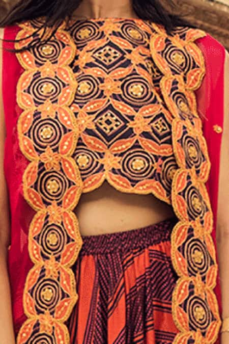 Shop_Swati Vijaivargie_Maroon Chanderi , Organza Open Asymmetric Cape And Draped Pant Set _Online_at_Aza_Fashions