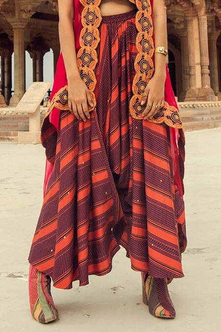 Swati Vijaivargie_Maroon Chanderi , Organza Open Asymmetric Cape And Draped Pant Set _at_Aza_Fashions