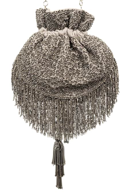 Shop SG Collection By Sonia Gulrajani Grey Beads And Sequin Work Chandelier Embroidered Potli Bag at Aza Fashions Shop_SG Collection By Sonia Gulrajani_Grey Beads And Sequin Work Chandelier Embroidered Potli Bag _at_Aza_Fashions
