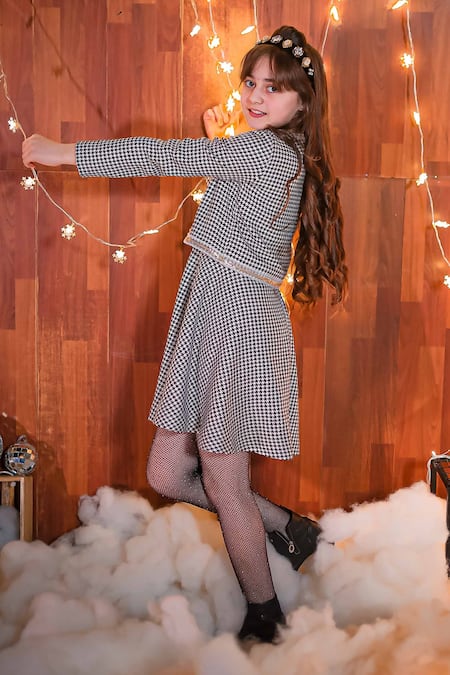 Buy_Hoity Moppet_Black Wool, Crepe, Cotton Lace Houndstooth Woollen Dress With Jacket _Online_at_Aza_Fashions