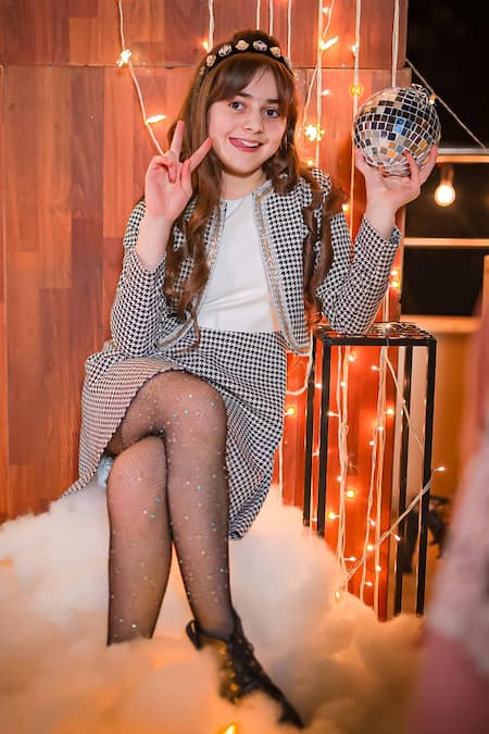 Shop_Hoity Moppet_Black Wool, Crepe, Cotton Lace Houndstooth Woollen Dress With Jacket _Online_at_Aza_Fashions