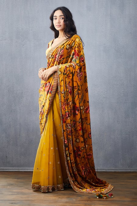 Torani Yellow Silk Velvet V Neck Sunehra Makhmal Enakshi Blouse Online at Aza Fashions Torani_Yellow Silk Velvet V Neck Sunehra Makhmal Enakshi Blouse _Online_at_Aza_Fashions
