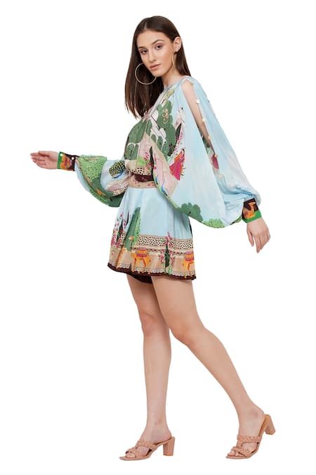 Buy_Limerick By Abirr N' Nanki_Multi Color Crepe Botanical Chantae Pleated Shorts _Online_at_Aza_Fashions