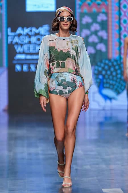 Shop_Limerick By Abirr N' Nanki_Multi Color Crepe Miniature Rajasthan Painting Round Chantae Printed Top _at_Aza_Fashions