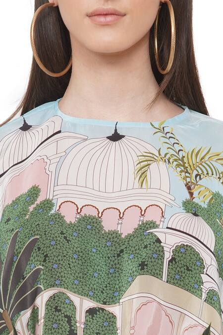 Limerick By Abirr N' Nanki_Multi Color Crepe Miniature Rajasthan Painting Round Chantae Printed Top _at_Aza_Fashions