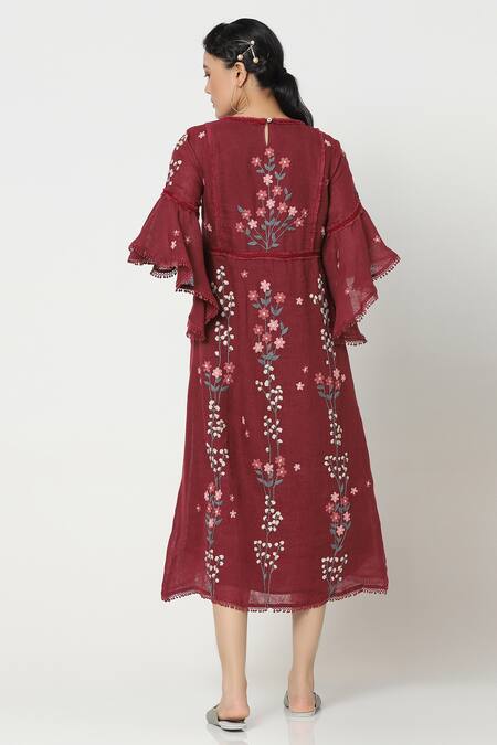 Shop_Kaveri_Maroon Linen Floral Embroidered Midi Dress_at_Aza_Fashions