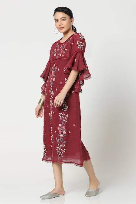 Kaveri_Maroon Linen Floral Embroidered Midi Dress_Online_at_Aza_Fashions