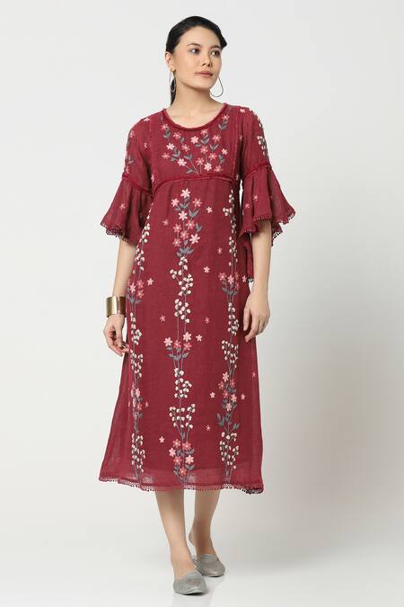 Buy_Kaveri_Maroon Linen Floral Embroidered Midi Dress_Online_at_Aza_Fashions
