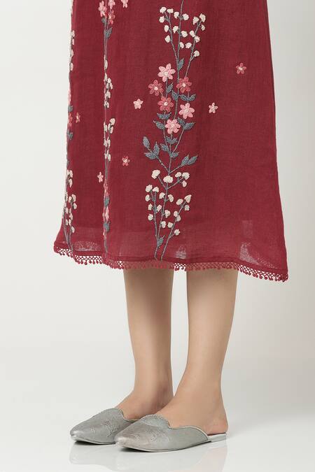 Shop_Kaveri_Maroon Linen Floral Embroidered Midi Dress_Online_at_Aza_Fashions