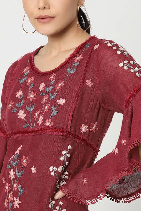 Kaveri_Maroon Linen Floral Embroidered Midi Dress_at_Aza_Fashions