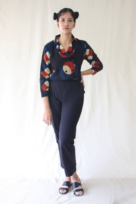 Shop_Chambray & CO._Blue 100% Organic Cotton Lapel Printed Top And Pant Set _Online_at_Aza_Fashions