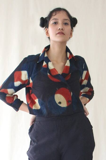 Chambray & CO._Blue 100% Organic Cotton Lapel Printed Top And Pant Set _at_Aza_Fashions