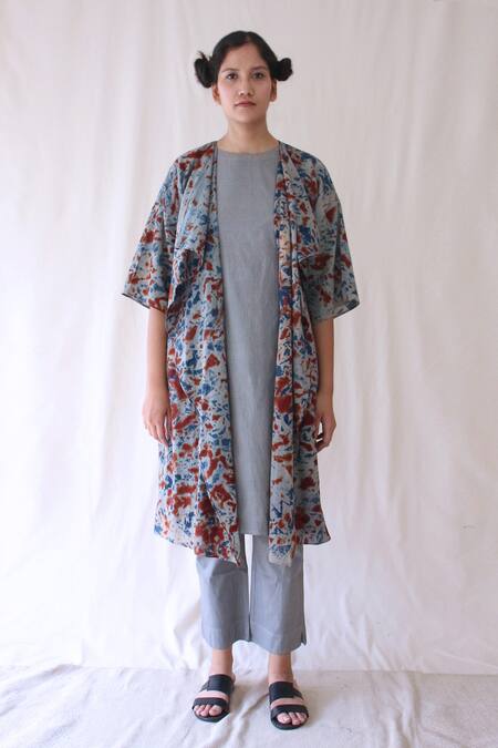 Buy_Chambray & CO._Grey 100% Organic Cotton Kurta Round Set With Printed Jacket_Online_at_Aza_Fashions