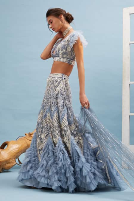 Shop Cherie D Blue Silk, Tulle V Neck Frill Lehenga Set at Aza Fashions Shop_Cherie D_Blue Silk, Tulle V Neck Frill Lehenga Set _at_Aza_Fashions
