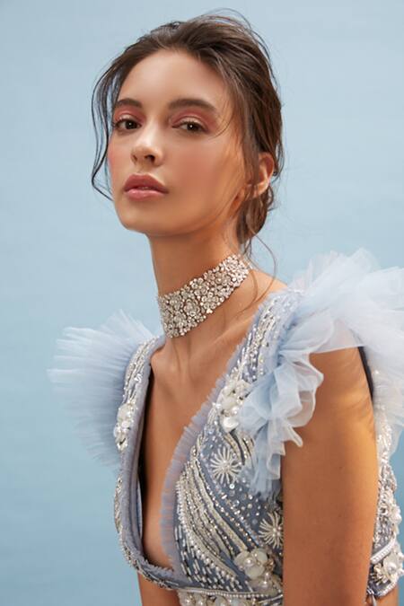 Cherie D Blue Silk, Tulle V Neck Frill Lehenga Set Online at Aza Fashions Cherie D_Blue Silk, Tulle V Neck Frill Lehenga Set _Online_at_Aza_Fashions