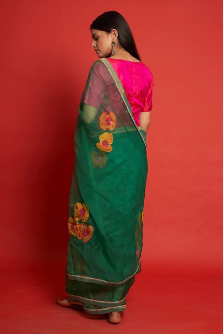 Priti Prashant Cherry Floral Applique Work Saree With Blouse 