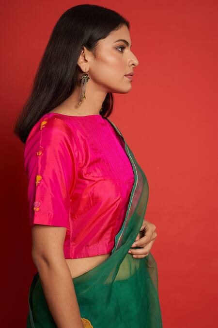 Buy_Priti Prashant_Green Organza And Silk Applique & Sequin Cherry Floral Work Saree With Blouse _Online_at_Aza_Fashions