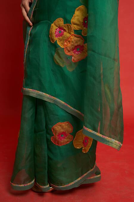 Priti Prashant_Green Organza And Silk Applique & Sequin Cherry Floral Work Saree With Blouse _at_Aza_Fashions
