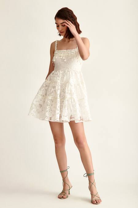 Pankaj & Nidhi_White Embroidered Organza Floral Square Neck Cherub Dress_Online_at_Aza_Fashions