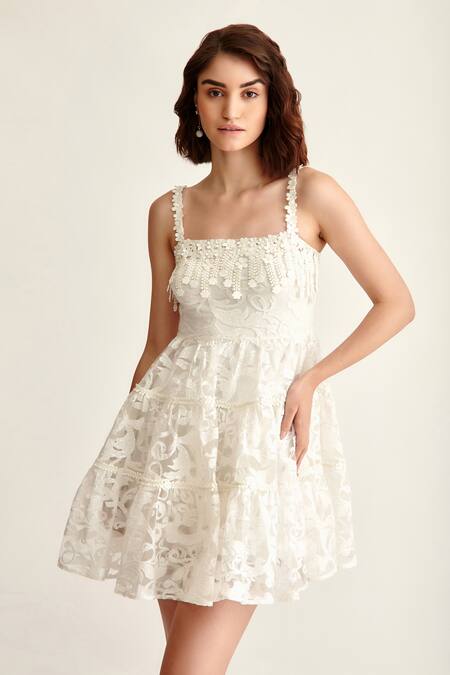 Buy_Pankaj & Nidhi_White Embroidered Organza Floral Square Neck Cherub Dress_Online_at_Aza_Fashions