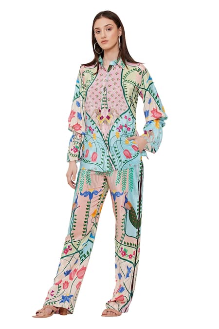 Limerick By Abirr N' Nanki Blue Crepe Peacock, Botanical Cheryl Printed Pant 