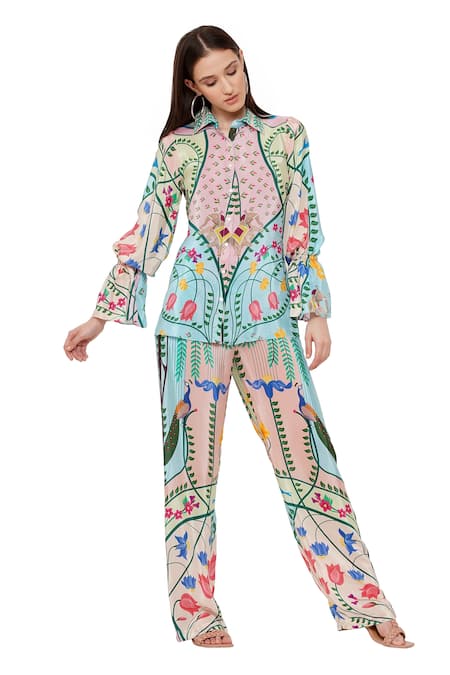 Shop_Limerick By Abirr N' Nanki_Blue Crepe Peacock, Botanical Cheryl Printed Pant _at_Aza_Fashions