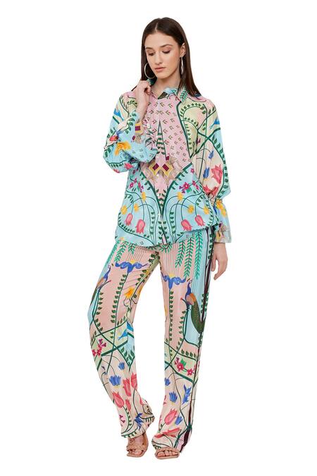 Buy_Limerick By Abirr N' Nanki_Blue Crepe Peacock, Botanical Cheryl Printed Pant _Online_at_Aza_Fashions