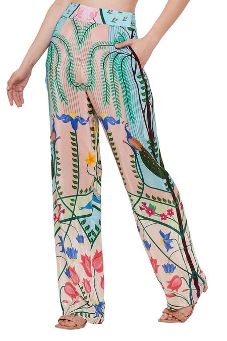 Shop_Limerick By Abirr N' Nanki_Blue Crepe Peacock, Botanical Cheryl Printed Pant _Online_at_Aza_Fashions