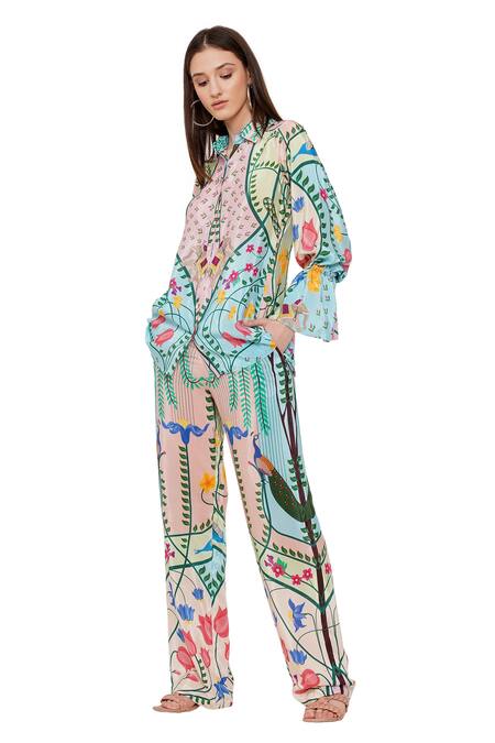 Buy_Limerick By Abirr N' Nanki_Blue Crepe Peacock, Botanical, Elephant Collared Neck Cheryl Pattern Shirt _Online_at_Aza_Fashions