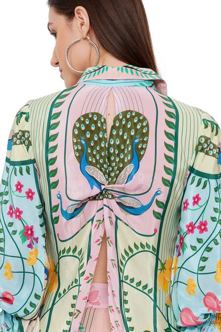 Limerick By Abirr N' Nanki_Blue Crepe Peacock, Botanical, Elephant Collared Neck Cheryl Pattern Shirt _at_Aza_Fashions