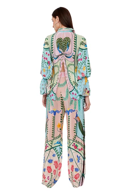 Shop_Limerick By Abirr N' Nanki_Blue Crepe Peacock, Botanical, Elephant Collared Neck Cheryl Pattern Shirt _at_Aza_Fashions