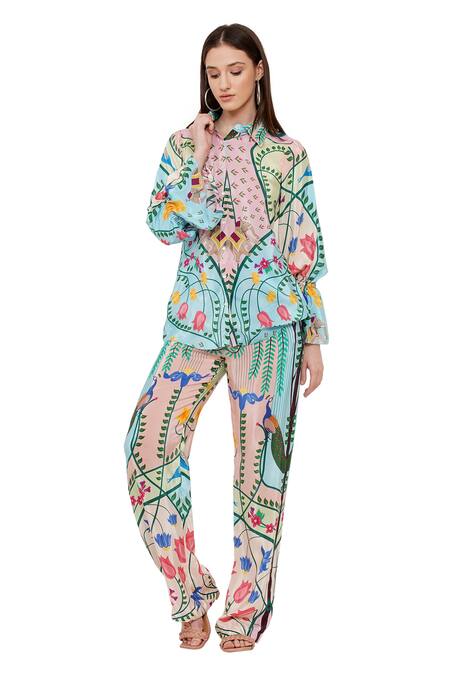 Limerick By Abirr N' Nanki_Blue Crepe Peacock, Botanical, Elephant Collared Neck Cheryl Pattern Shirt _Online_at_Aza_Fashions