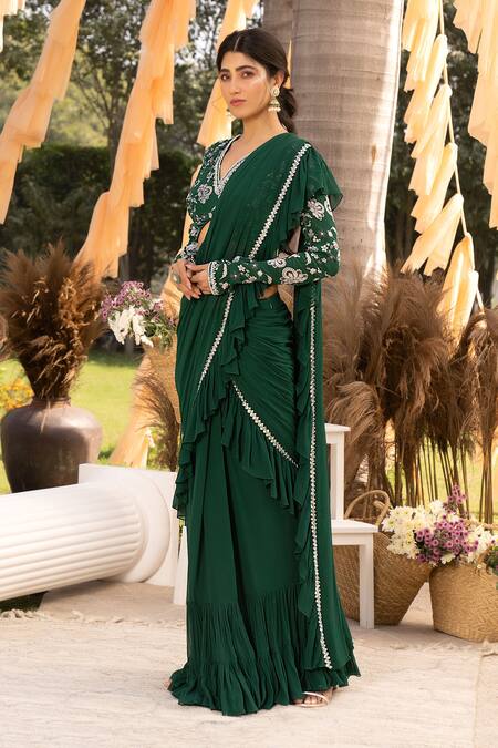 Buy Chhavvi Aggarwal Green Crepe, Georgette Embroidery, Sequins, Beads Pre-draped Saree With Blouse Online at Aza Fashions Buy_Chhavvi Aggarwal_Green Crepe, Georgette Embroidery, Sequins, Beads Pre-draped Saree With Blouse _Online_at_Aza_Fashions