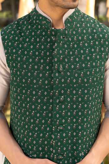 Chhavvi Aggarwal_Green Crepe, Chanderi Cotton, Gingham Embroidery Floral Printed Bundi Kurta Set _Online_at_Aza_Fashions