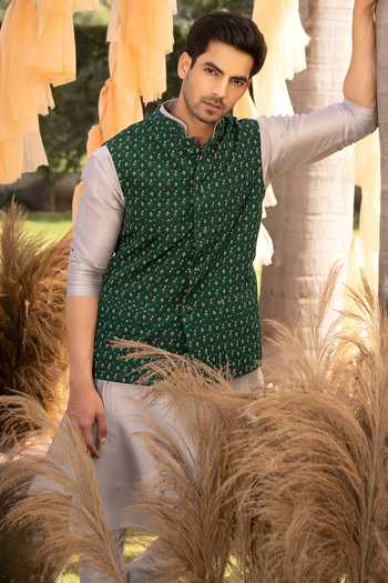 Buy_Chhavvi Aggarwal_Green Crepe, Chanderi Cotton, Gingham Embroidery Floral Printed Bundi Kurta Set _Online_at_Aza_Fashions