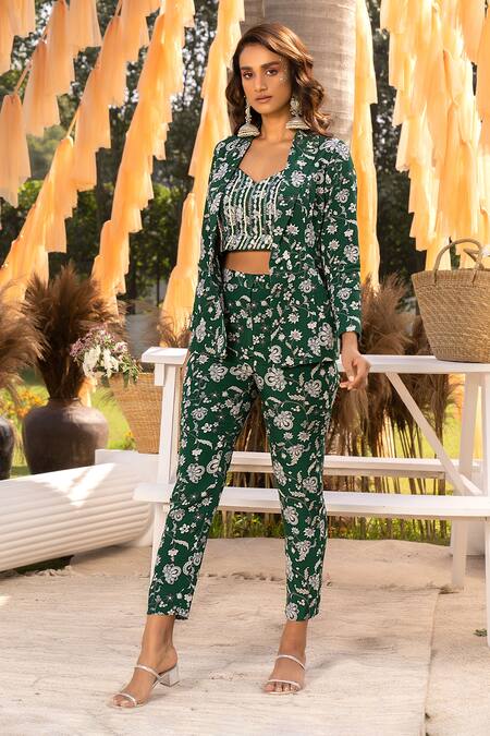 Chhavvi Aggarwal_Green Crepe Sequins, Embroidery, Cut Work Collared Floral Print Pant Suit Set _Online_at_Aza_Fashions