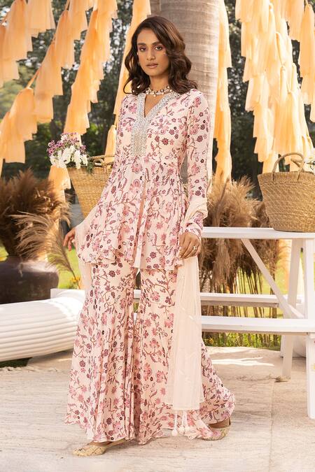 Chhavvi Aggarwal Cream Crepe, Net Embroidery, Sequins, Beads, Gota Floral Print Kurta Sharara Set Online at Aza Fashions Chhavvi Aggarwal_Cream Crepe, Net Embroidery, Sequins, Beads, Gota Floral Print Kurta Sharara Set _Online_at_Aza_Fashions