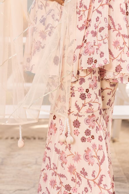 Chhavvi Aggarwal Cream Crepe, Net Embroidery, Sequins, Beads, Gota Floral Print Kurta Sharara Set at Aza Fashions Chhavvi Aggarwal_Cream Crepe, Net Embroidery, Sequins, Beads, Gota Floral Print Kurta Sharara Set _at_Aza_Fashions