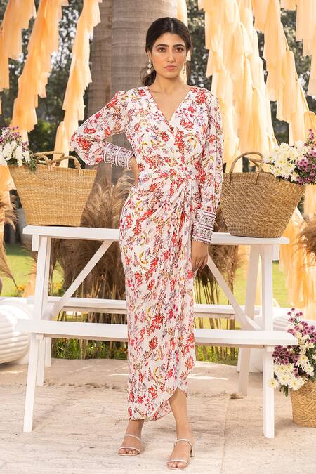 Chhavvi Aggarwal_Off White Crepe Sequins, Cut Work V-neck Cuff Embroidered Floral Print Dress _Online_at_Aza_Fashions