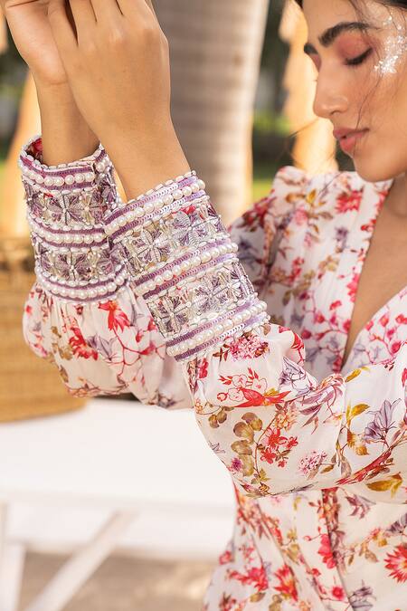 Buy_Chhavvi Aggarwal_Off White Crepe Sequins, Cut Work V-neck Cuff Embroidered Floral Print Dress _Online_at_Aza_Fashions