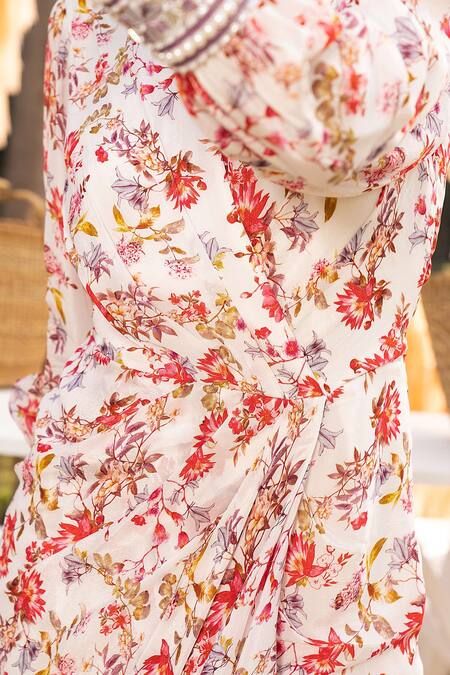 Shop_Chhavvi Aggarwal_Off White Crepe Sequins, Cut Work V-neck Cuff Embroidered Floral Print Dress _Online_at_Aza_Fashions