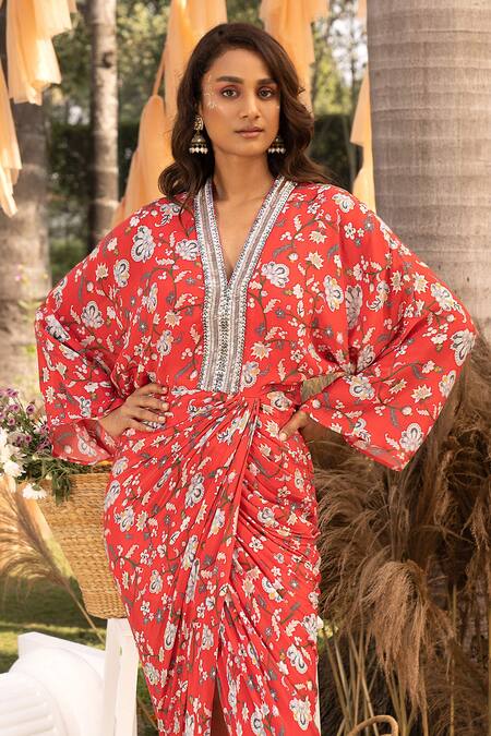 Buy Chhavvi Aggarwal Red Crepe Sequins, Cut Work V-neck Floral Print Draped Dress Online at Aza Fashions Buy_Chhavvi Aggarwal_Red Crepe Sequins, Cut Work V-neck Floral Print Draped Dress _Online_at_Aza_Fashions