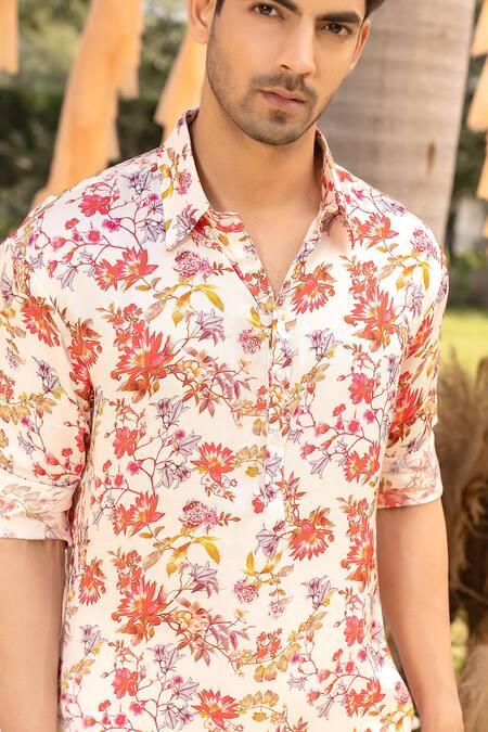 Chhavvi Aggarwal_Off White Modal, Satin, Cotton Embroidery Flower Print Pathani Kurta With Pant _Online_at_Aza_Fashions