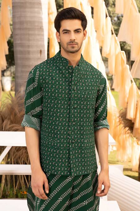 Buy Chhavvi Aggarwal Green Crepe, Cotton Embroidery Floral Print Bundi Kurta Set Online at Aza Fashions Buy_Chhavvi Aggarwal_Green Crepe, Cotton Embroidery Floral Print Bundi Kurta Set _Online_at_Aza_Fashions